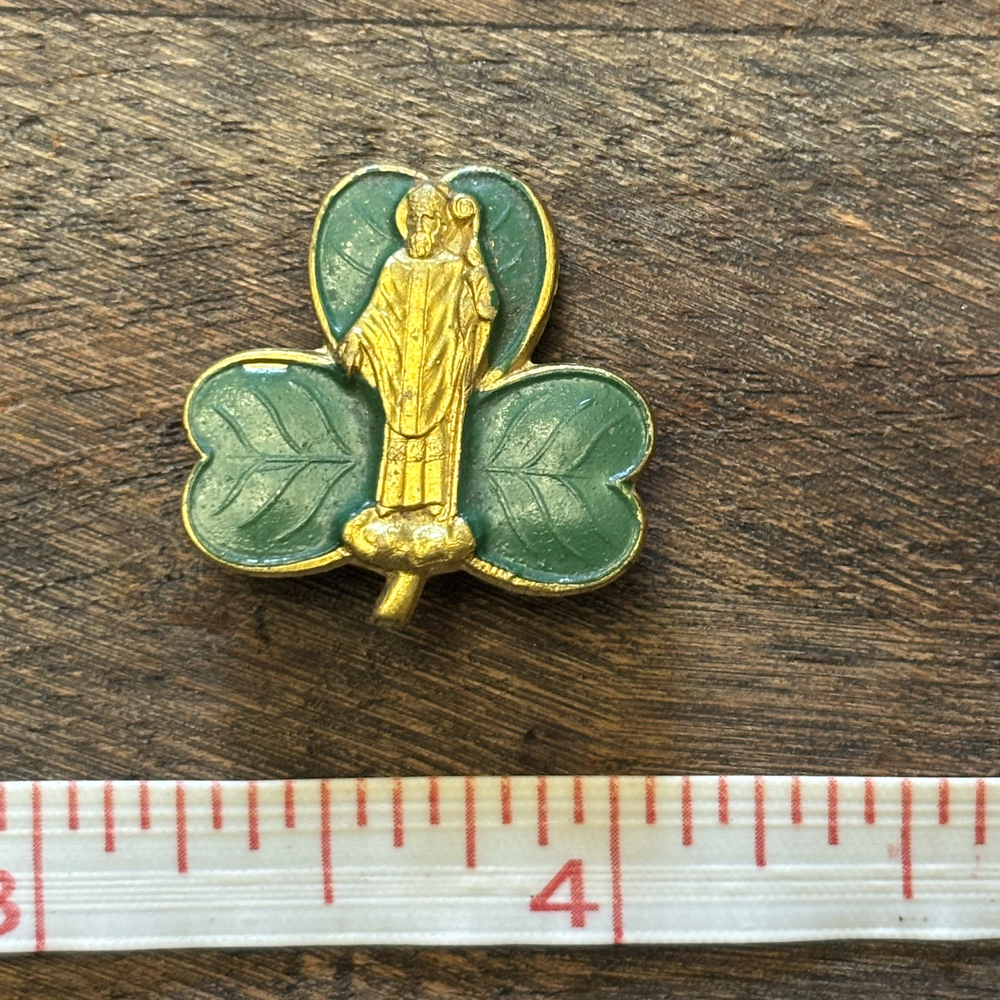 St. Patrick Clover Religious Figurine Brooch Green